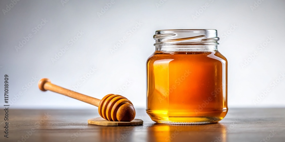 Minimalist Honey Bottle Still Life: Golden Drizzle on White Background Minimalist Honey Bottle Still Life: Golden Drizzle on White Background