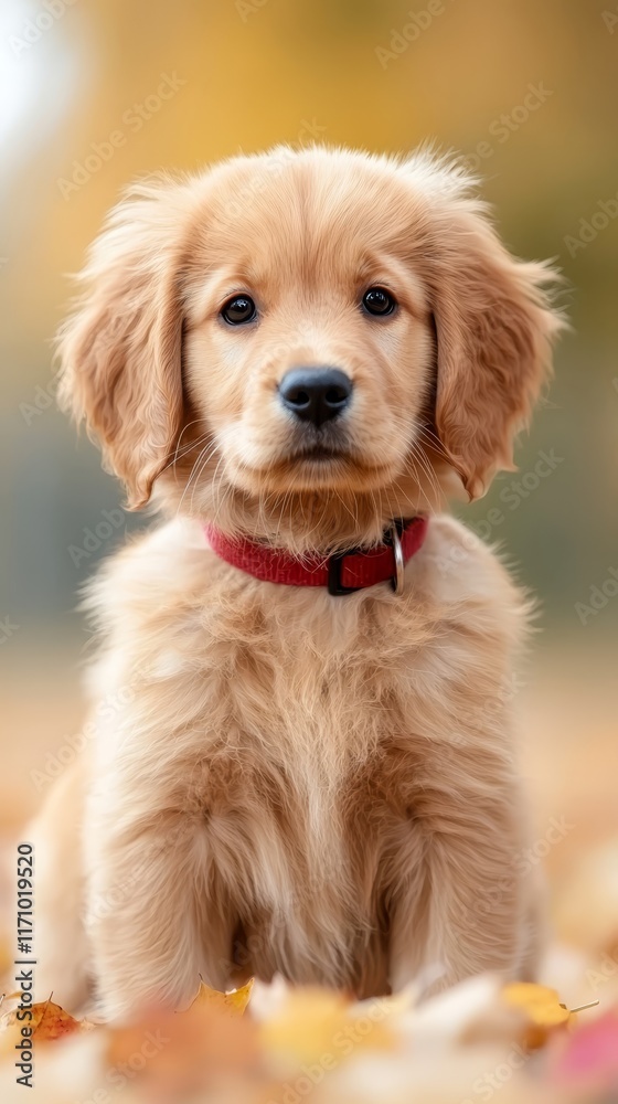 Fototapeta premium A small golden retriever puppy sitting in a pile of leaves