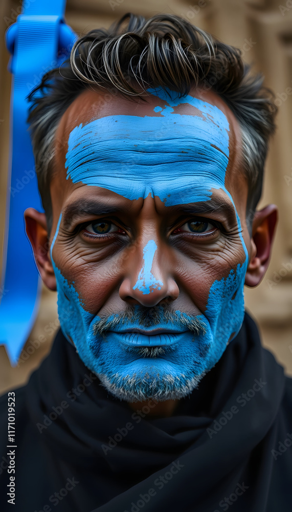 A man is painted in blue with a blue ribbon in the background, photo, with white tones A man is painted in blue with a blue ribbon in the background, photo, with white tones