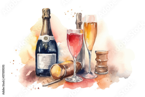 Watercolor background with bottle of champagne and glasses. Hand drawn of drinks.