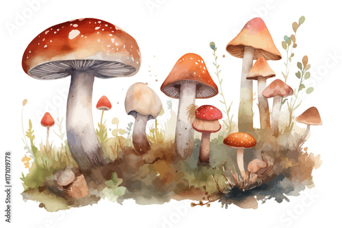 Watercolor background with mushroom. Mushrooms plants.