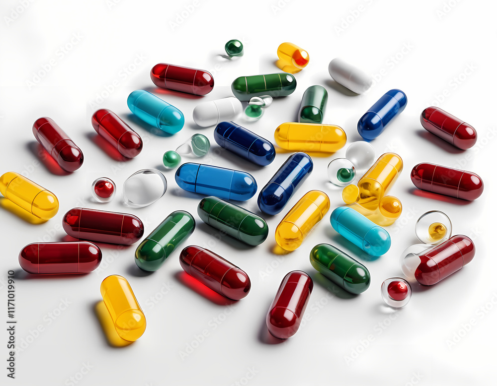 a realistic image of medicine capsules scattered randomly on a clean white background a realistic image of medicine capsules scattered randomly on a clean white background