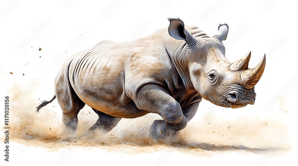 White Rhino Charging Through Dusty Savanna