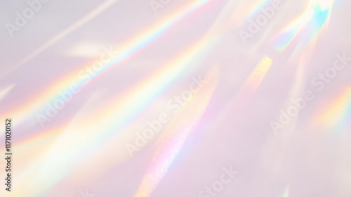 Holographic rainbow light refraction texture overlay with abstract soft bokeh effect on a transparent PNG backdrop. Organic prismatic glow and natural shadows. Background with copy space