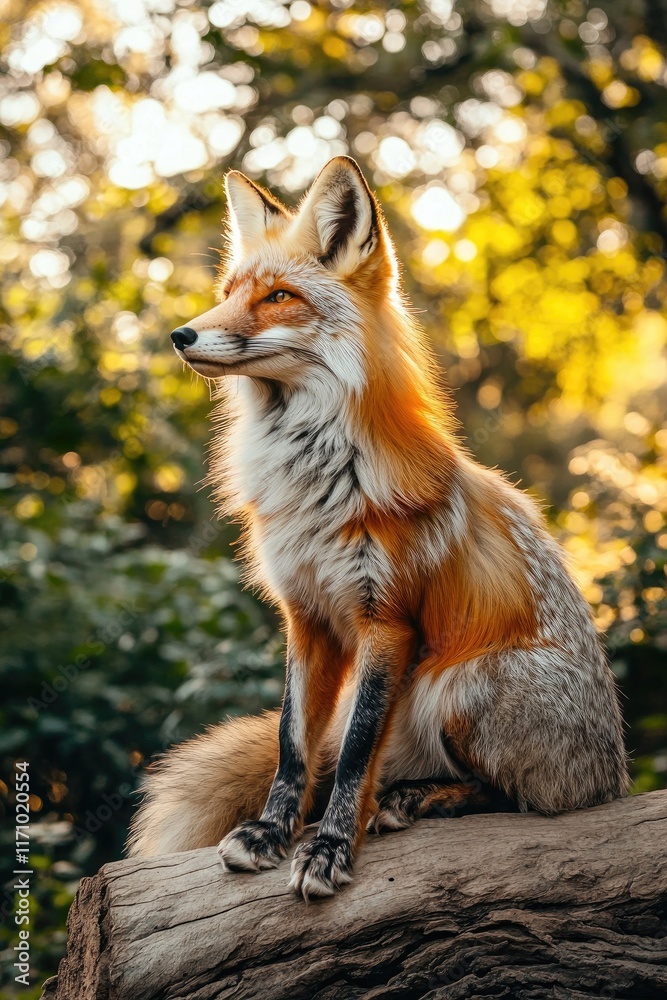 Fototapeta premium A majestic fox sitting on a log, illuminated by warm sunlight in a lush forest.