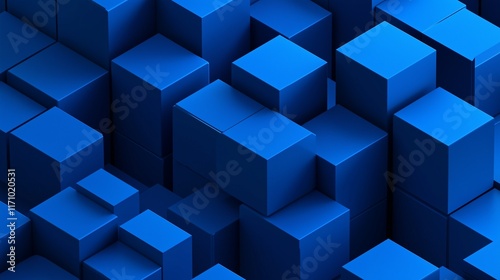 Detailed abstract illustration of cobalt blue 3D cubes arranged in an isometric perspective, with a modern, minimalist approach. The high-resolution image showcases the precision of the design.
