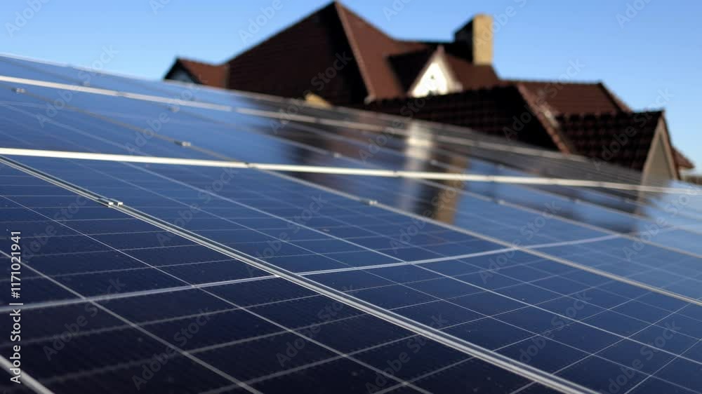 Close-up of solar panels on a rooftop against the sky. Concept of renewable energy and energy conservation using photovoltaic solar power.