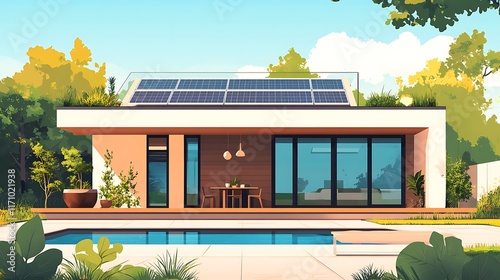 Modern luxury home with a rooftop terrace and solar panels, in a minimalist flat vector illustration style, sustainable lifestyle photo