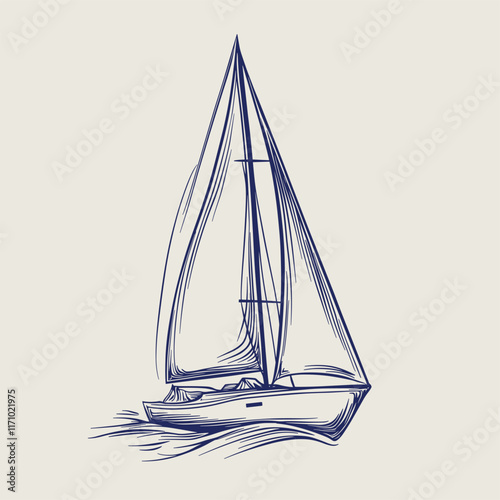 Detailed drawing of a sailboat with shaded sails.