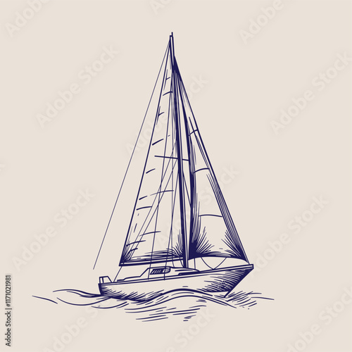 Detailed drawing of a sailboat with shaded sails.