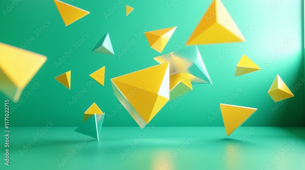 Enchanting 3D image with bright yellow and cyan geometric elements floating on a high contrast green background. The centered negative space adds depth and focus to the vibrant colors. Enchanting 3D image with bright yellow and cyan geometric elements floating on a high contrast green background. The centered negative space adds depth and focus to the vibrant colors.