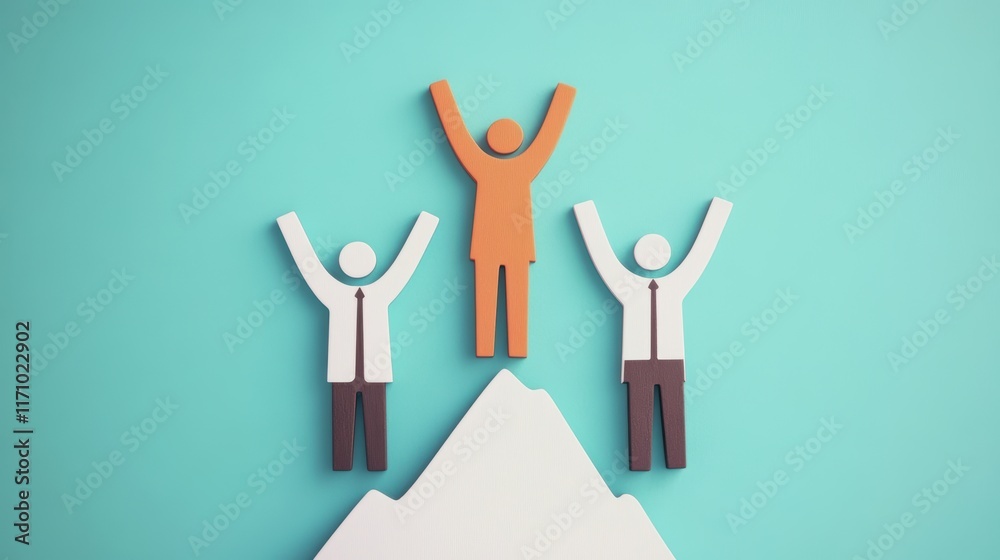 Fototapeta premium Triumphant ascent, two individuals reach a majestic mountain summit, embracing the panoramic view