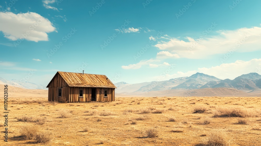 Lone Wooden House in Arid Desert Landscape Lone Wooden House in Arid Desert Landscape