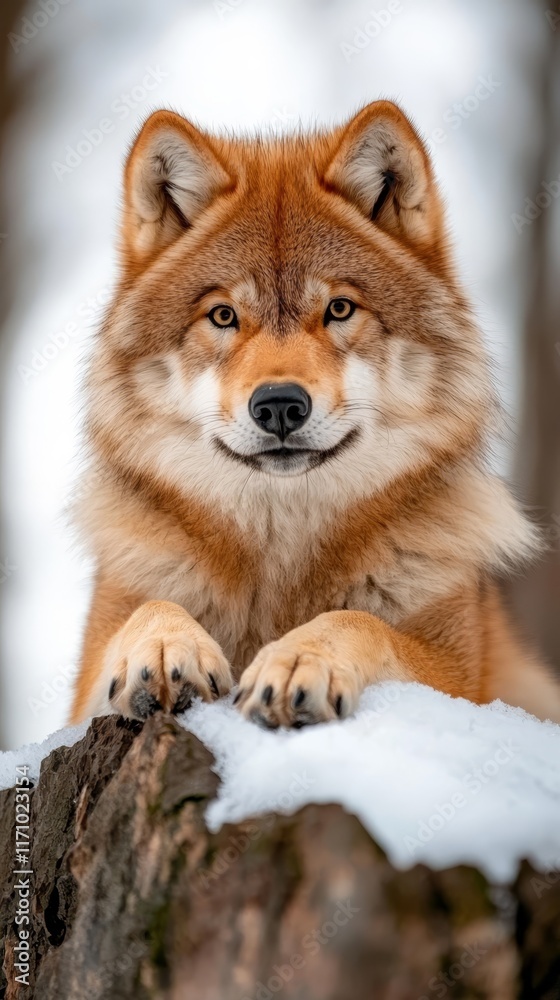 Obraz premium A brown dog laying on top of a snow covered log