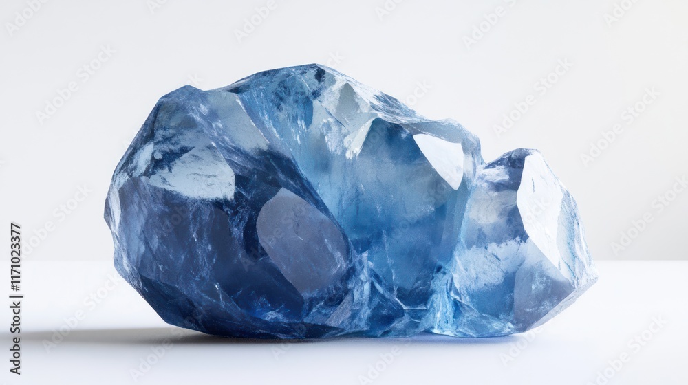 Fototapeta premium Blue ice crystal, a large, irregular, opaque, and textured crystal-like structure.