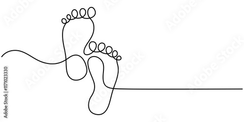 Continuous one line art drawing of human footprint vector, One continuous line drawing of bare foot and footprint. Elegance female feet in simple linear style. Concept of Wellness massage and care.
