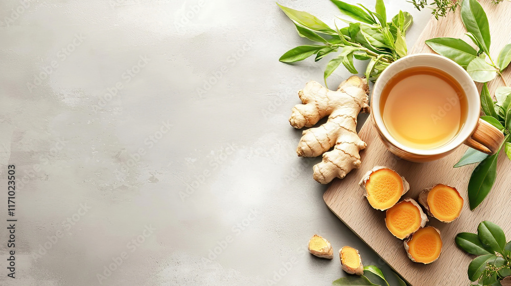Adaptogenic herbal teas blend herbs for wellness and healing. Fresh Ginger Root and Ayurvedic Tea with Green Leaves Display
