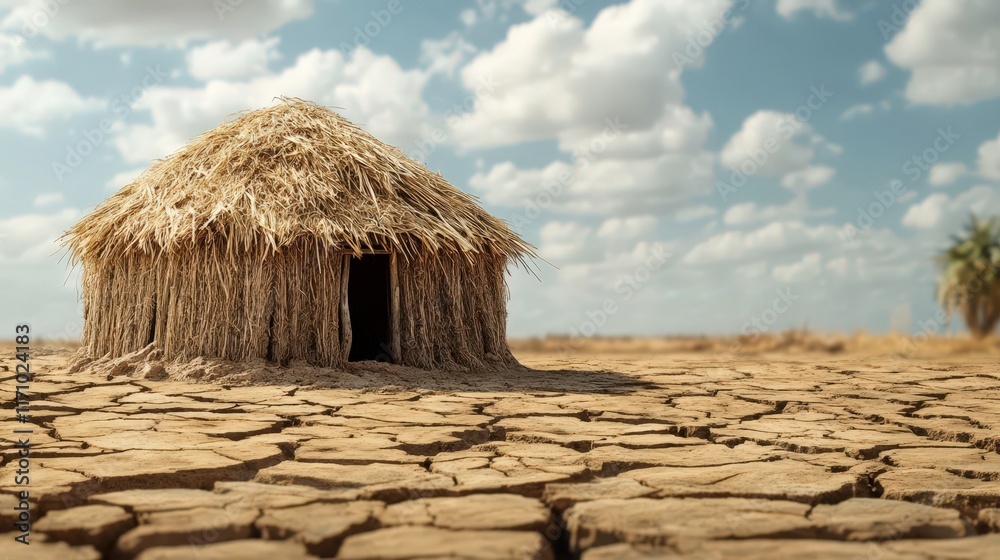 Thatched Hut Stands Alone in Arid Landscape Thatched Hut Stands Alone in Arid Landscape