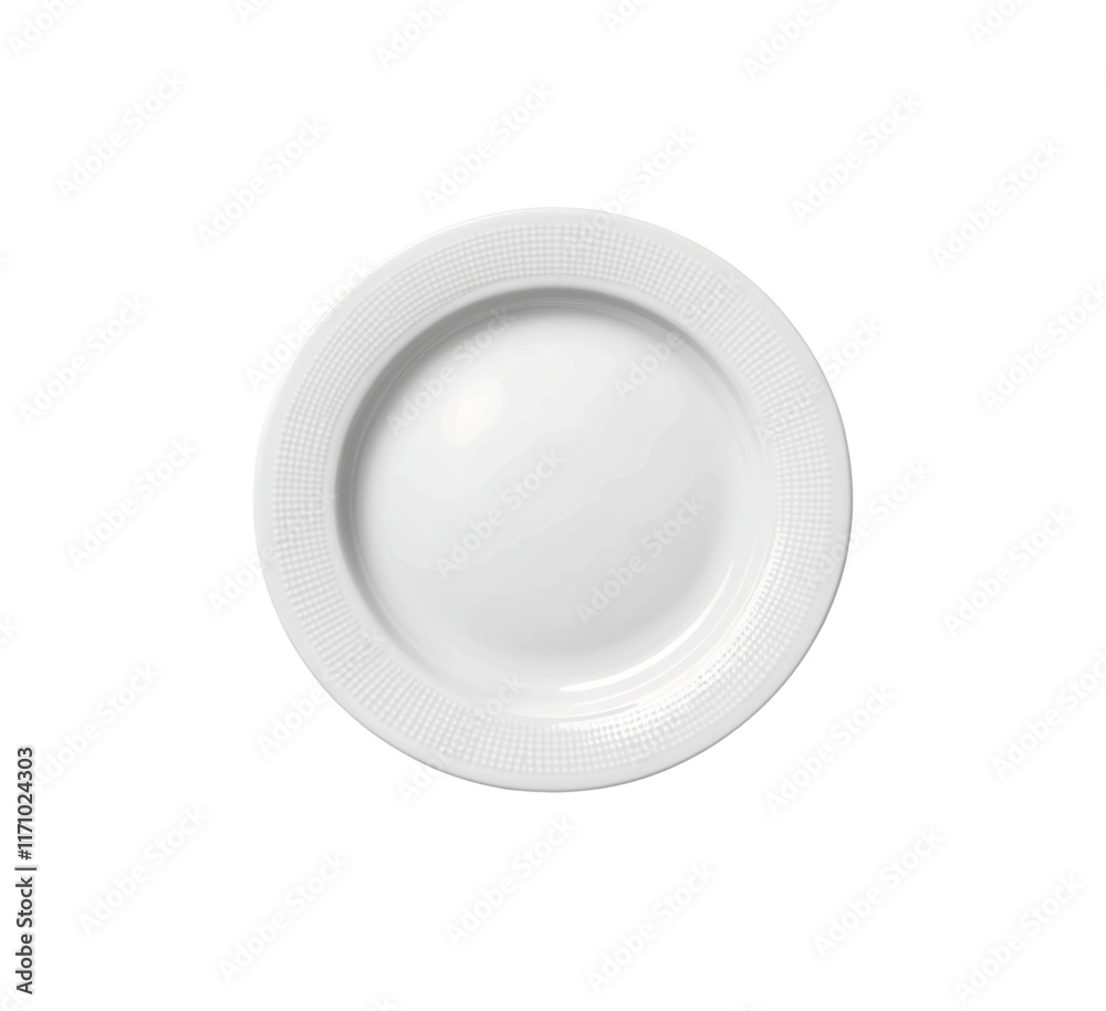 White ceramic plate with a smooth surface and a textured rim design. Ideal for serving meals or as a tableware display in kitchen settings. Isolated on transparent background, png. White ceramic plate with a smooth surface and a textured rim design. Ideal for serving meals or as a tableware display in kitchen settings. Isolated on transparent background, png.