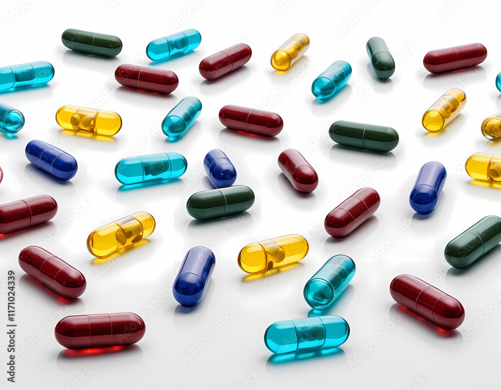 a realistic image of medicine capsules scattered randomly on a clean white background a realistic image of medicine capsules scattered randomly on a clean white background