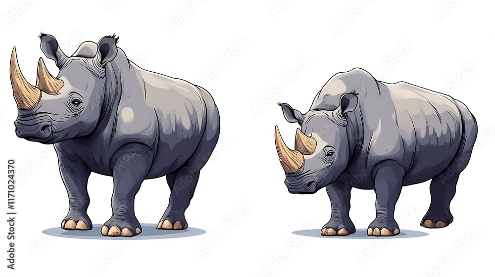 Two Rhinoceros Illustrations Standing Side By Side