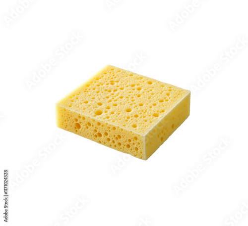 Yellow sponge with a porous texture close up, ideal for cleaning and scrubbing tasks. Soft and absorbent structure, perfect for household or industrial use. Isolated on transparent background, png.