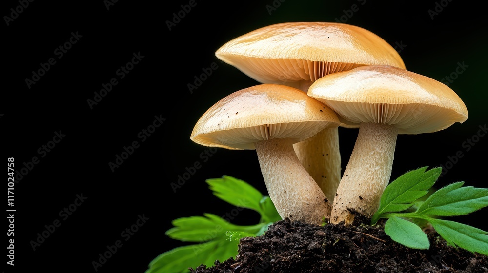 A thriving cluster of mushrooms on mound of rich earth in natural setting A thriving cluster of mushrooms on mound of rich earth in natural setting
