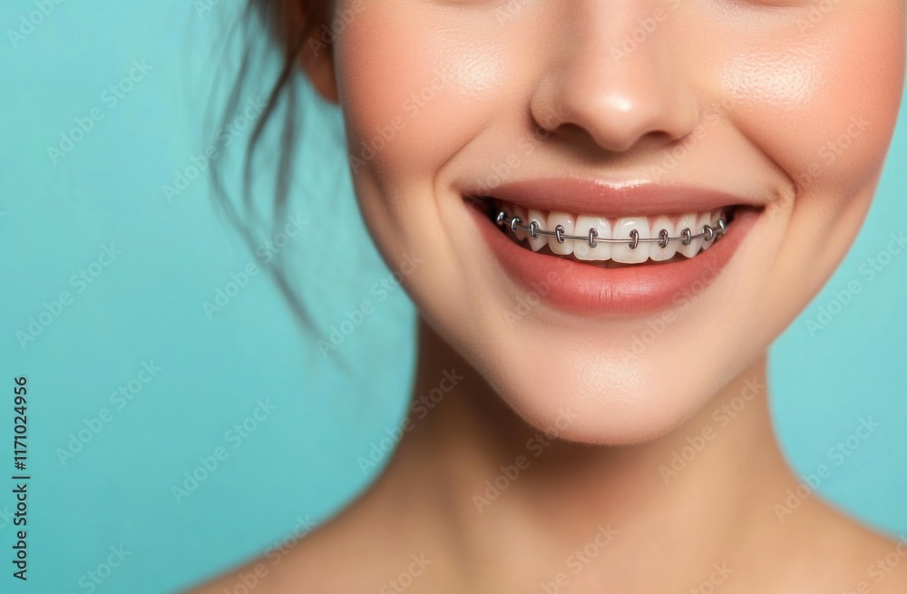 Smiling young caucasian female with braces on teeth against blue background Smiling young caucasian female with braces on teeth against blue background