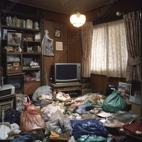 A dirty room full of trash