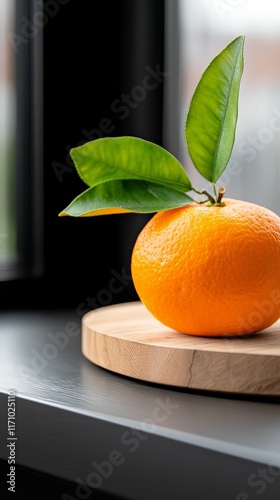 An orange with a leaf on top of it sitting on a table