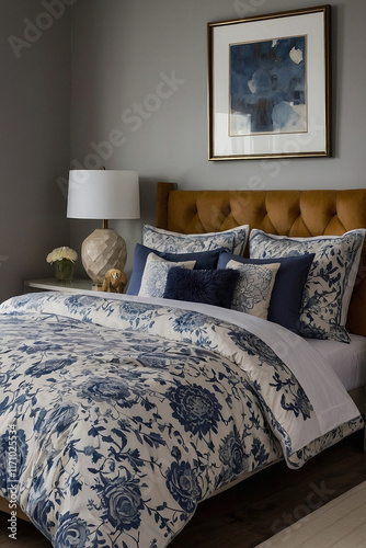 Bedroom with Blue and White Floral Bedding and Leather Headboard