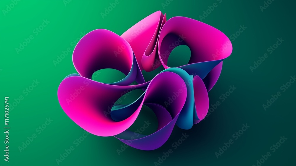 Fototapeta premium Enchanting 3D shapes in vibrant magenta and cyan, contrasted against a deep green background. The design features a large, centered negative space to accentuate the vivid colors.