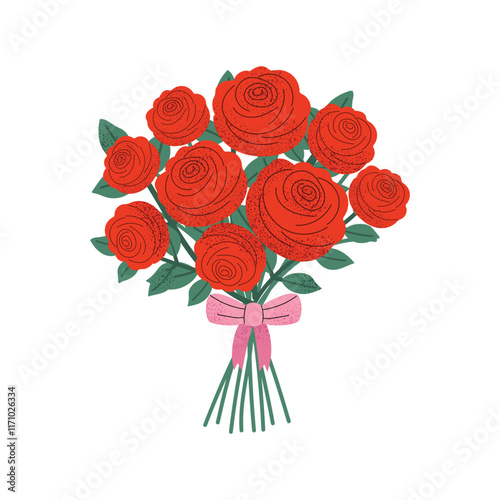 Bouquet of red roses tied with a pink ribbon. Great for Valentine's Day, weddings, romantic events, and festive designs. Flat vector illustration isolated on white background.
