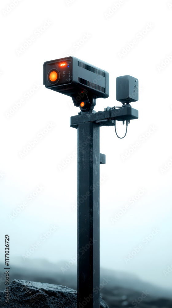 A mounted camera system with an orange light, set against a misty backdrop, likely for monitoring or surveillance purposes. A mounted camera system with an orange light, set against a misty backdrop, likely for monitoring or surveillance purposes.