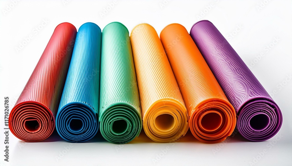 Rainbow Rolled Mats: Vibrant, Textured Yoga Mats in a Cheerful Display Rainbow Rolled Mats: Vibrant, Textured Yoga Mats in a Cheerful Display