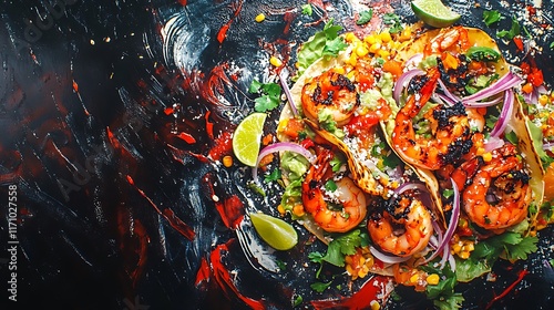 Vibrant shrimp tacos with grilled prawns, fresh cilantro, lettuce, red onions, lime wedges, and creamy avocado in soft corn tortillas, served with tangy salsa for a mouth-watering, gourmet dish photo