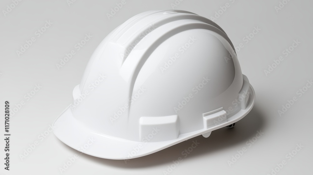 Closeup of a white hard hat on gray background, essential safety gear for industrial environments Closeup of a white hard hat on gray background, essential safety gear for industrial environments