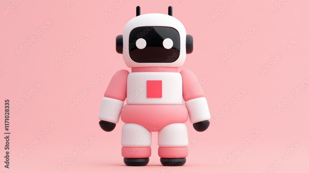 Adorable pink and white robot with a red heart, symbol of love affection pink Adorable pink and white robot with a red heart, symbol of love affection pink