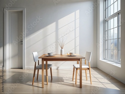 Minimalist White Room Dining Table: Single Plate, Fork, Natural Light