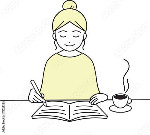コーヒーを飲みながらノートを書く女性イエロー