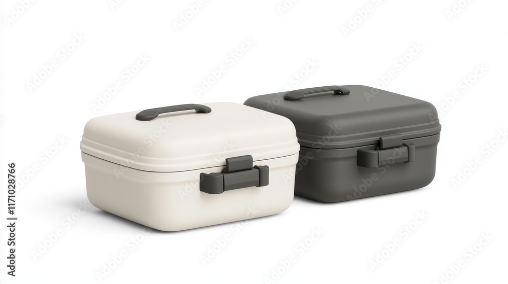 Two monochrome lunch containers, black and white portable meal carriers two Two monochrome lunch containers, black and white portable meal carriers two