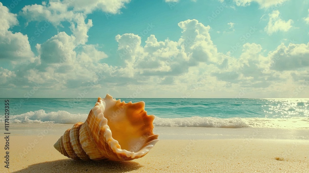 Calm beach with a beautiful seashell resting on soft sand against a serene ocean backdrop during daytime Calm beach with a beautiful seashell resting on soft sand against a serene ocean backdrop during daytime
