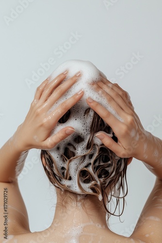 woman taking shower and washing hair with shampoo
