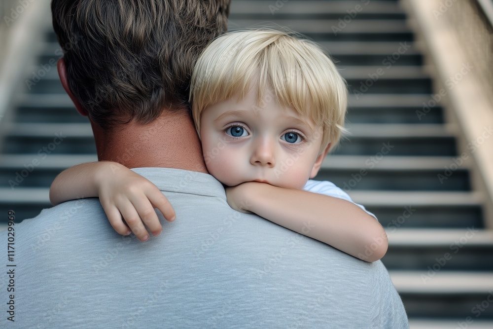 Photo of an emotional scene with the back view of A little boy hugging her father's neck, standing on stairs in front of city hall