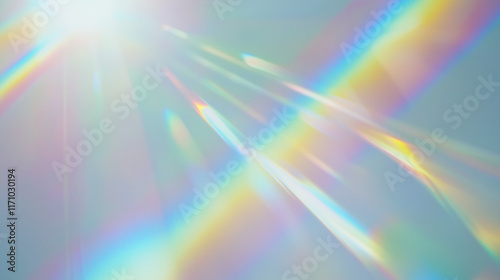 Holographic rainbow light refraction texture overlay with abstract soft bokeh and prizm effect on a white backdrop. Organic prismatic glow and natural shadows, iridescent light. Background, copy space