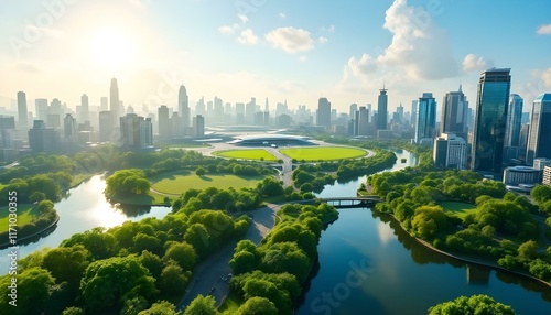 green airport city park on a sunny summer morning, view from high-angle perspective reveals a bustling metropolis surrounded by lush greenery, with skyscrapers reflection, generated with ai photo