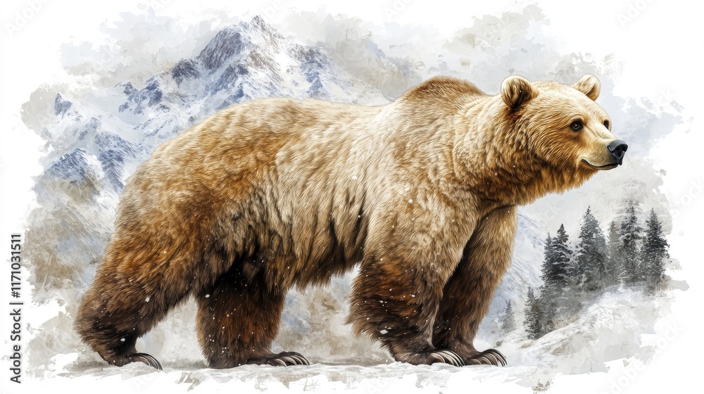 Fototapeta premium A detailed illustration of a bear in a mountainous landscape, showcasing wildlife.
