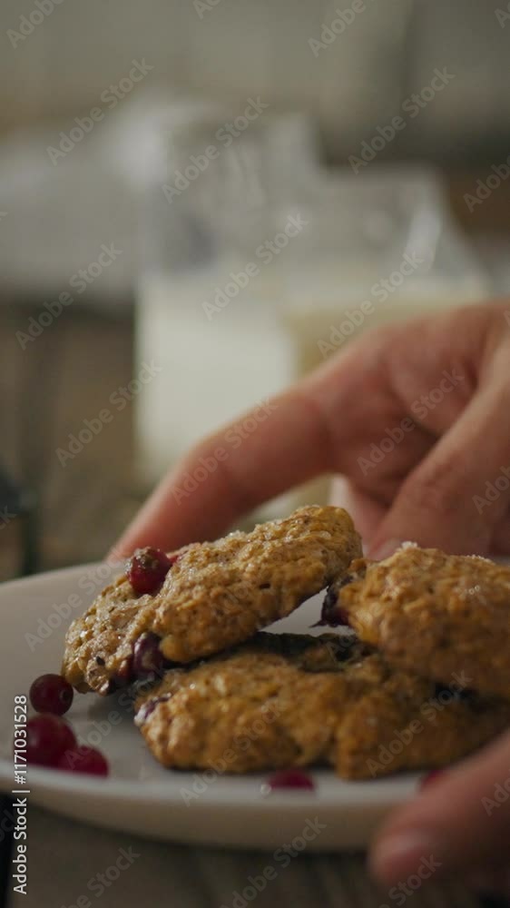 A hand reaches for a plate of freshly baked oat cookies decorated with cranberries. The cookies rest on a simple white plate, surrounded by a casual kitchen setting