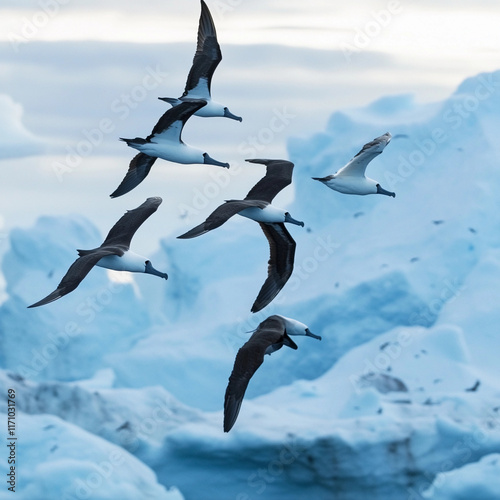 A group of albatrosses glides effortlessly over frigid waters, surrounded by floating icebergs. Early morning light casts a serene glow on the scene, highlighting their majestic flight. photo