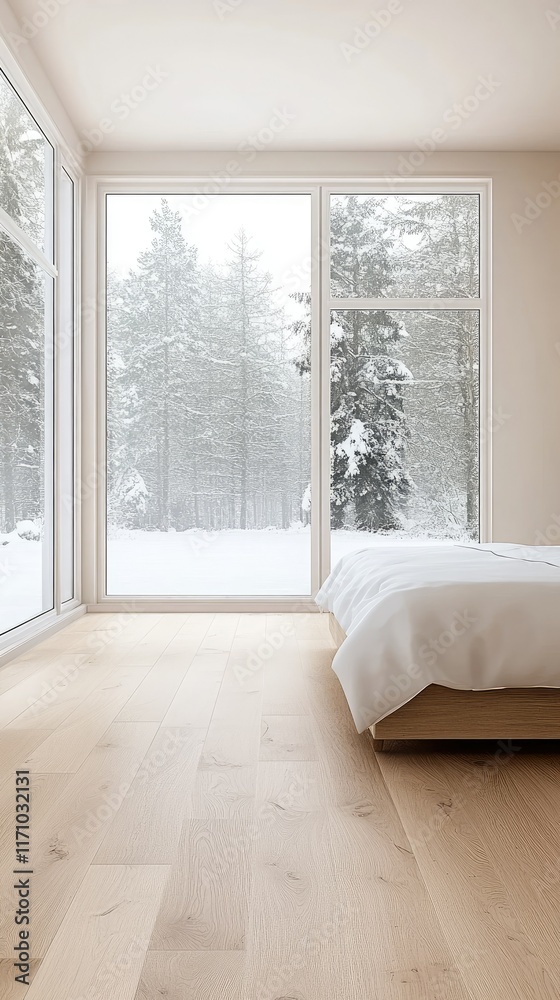 Obraz premium Bright Scandinavian bedroom featuring large windows, wooden floors, and a cozy bed, ideal for showcasing furniture design ideas and styles